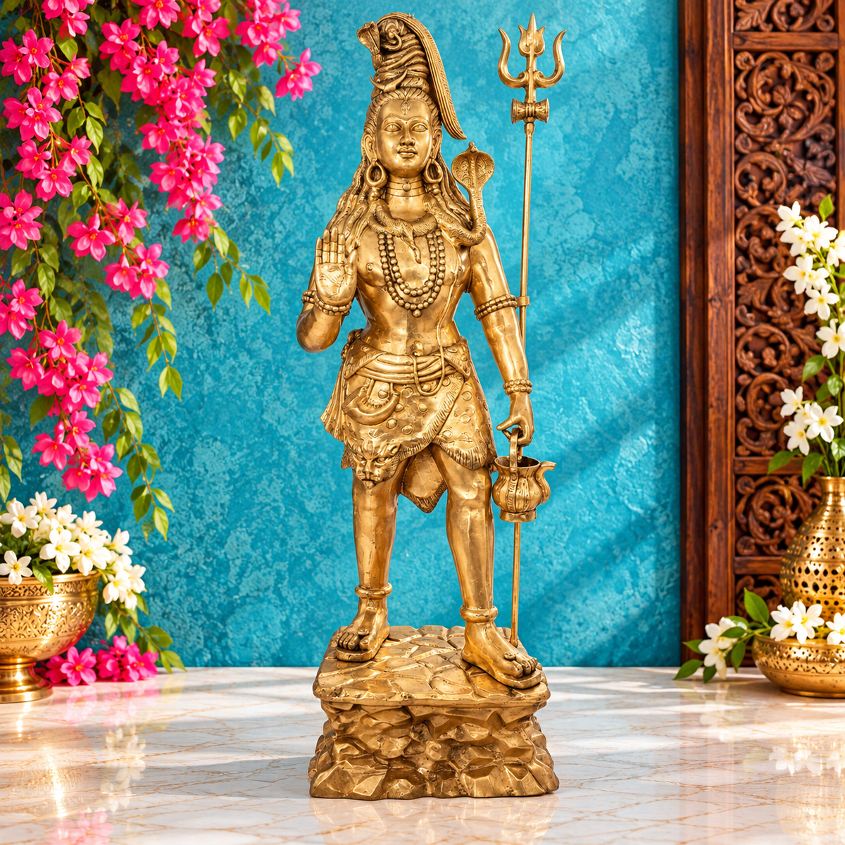 Brassaura® क्लासिक ब्रास शिव मूर्ति – 90 इंच ऊँची | मंदिर और घर के लिए पवित्र मूर्ति