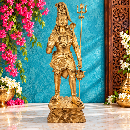 Brassaura® क्लासिक ब्रास शिव मूर्ति – 90 इंच ऊँची | मंदिर और घर के लिए पवित्र मूर्ति