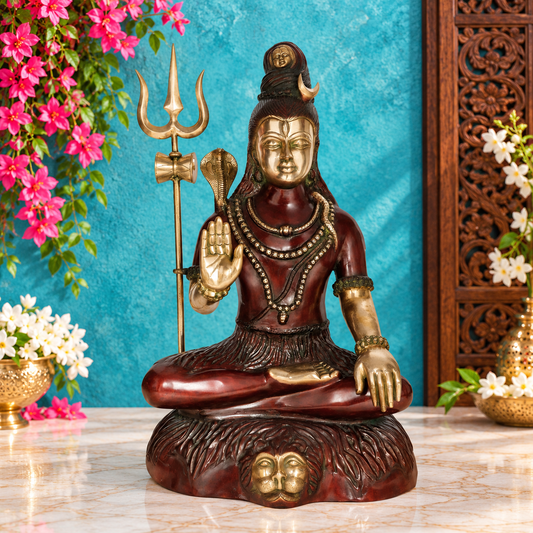 Brassaura® Grand Seated Lord Shiva Statue with Intricate Traditional Detailing | Pure Superfine Brass Handcrafted Murti | Brass Statue for Home Temple, Pooja Room | Height 34 Inches | Weight 35 Kgs