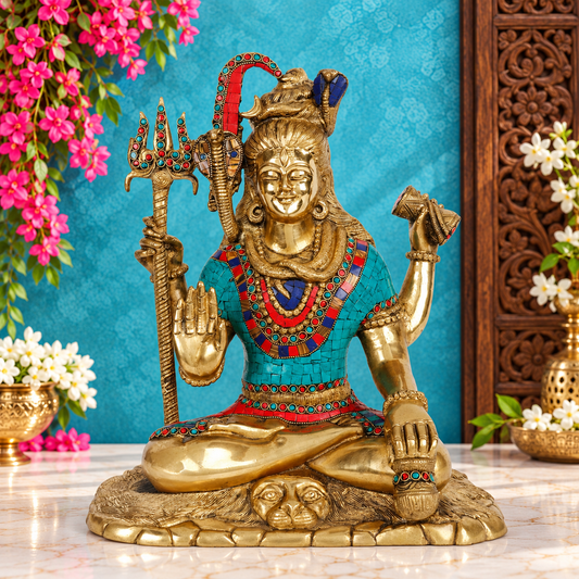 Brassaura® Brass Lord Shiva Idol with Exquisite Gemstone Detailing & Intricate Craftsmanship | Pure Superfine Brass Handcrafted Murti | Brass Statue for Home Temple, Pooja Room | Height 15 Inches | Weight 12.2 Kgs