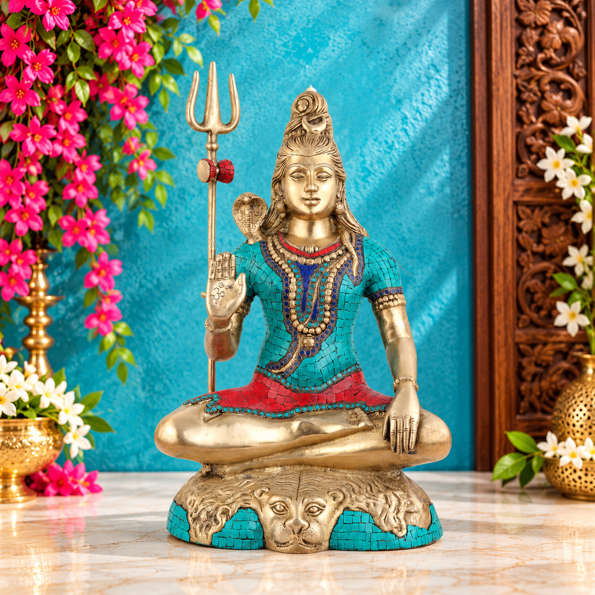 Brassaura® ब्रास रत्न स्टोन वर्क भगवान शिव मूर्ति – ऊंचाई 24 इंच | भक्तिपूर्ण गृह सज्जा