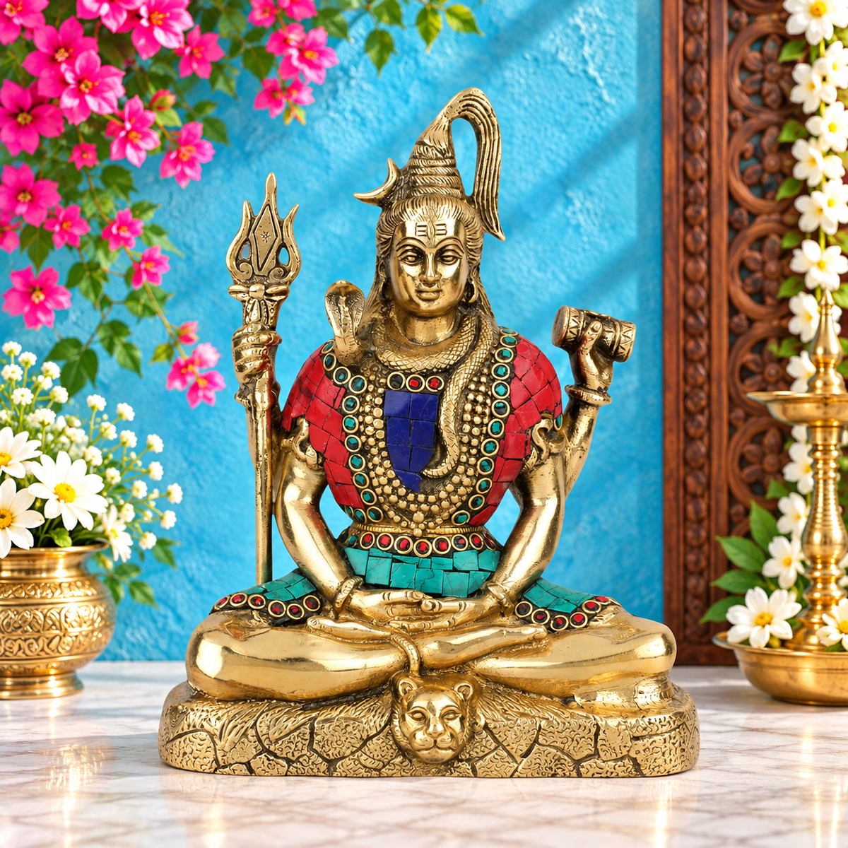 ब्रसौरातौर™ रत्नों के साथ शानदार पीतल भगवान शिव मूर्ति - ऊंचाई 9 इंच और वजन 2.8 किग्रा | आध्यात्मिक सजावट