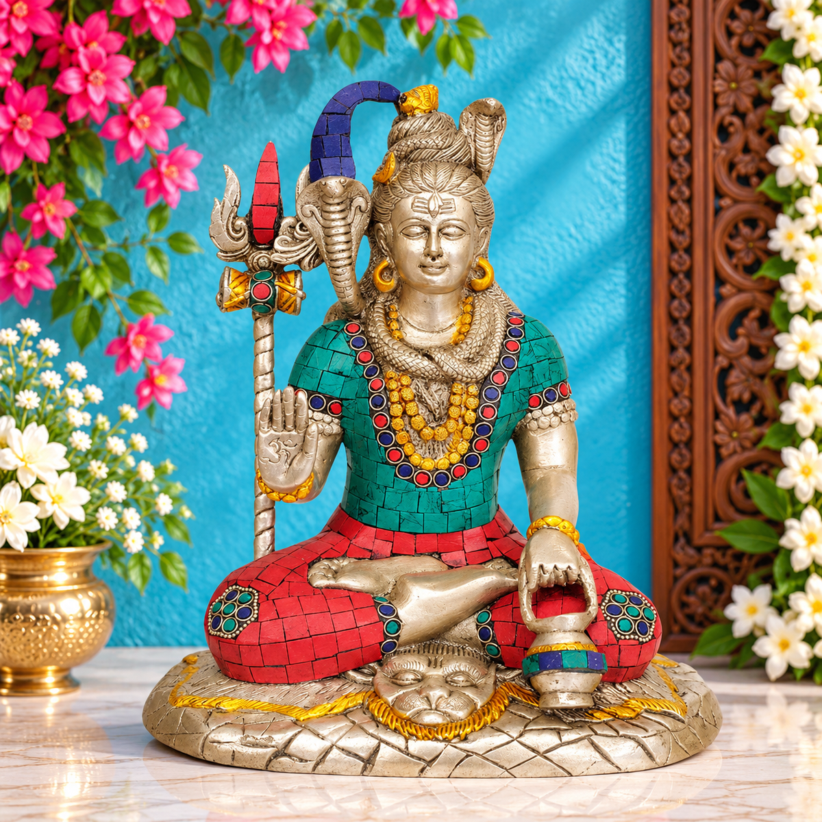 Brassaura® Brass Lord Shiva Idol with Intricate Gemstone Work & Traditional Detailing | Pure Superfine Brass Handcrafted Murti | Brass Statue for Home Temple, Pooja Room | Height 10 Inches | Weight 4 Kgs