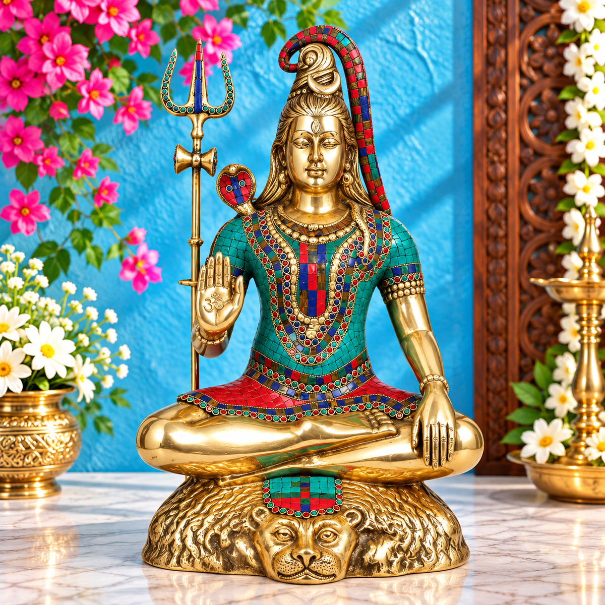 ब्रैसौरा™ ब्रास जेम स्टोन वर्क भगवान शिव मूर्ति – ऊंचाई 24 इंच और वजन 18.5 किलोग्राम | भक्तिपूर्ण गृह सज्जा