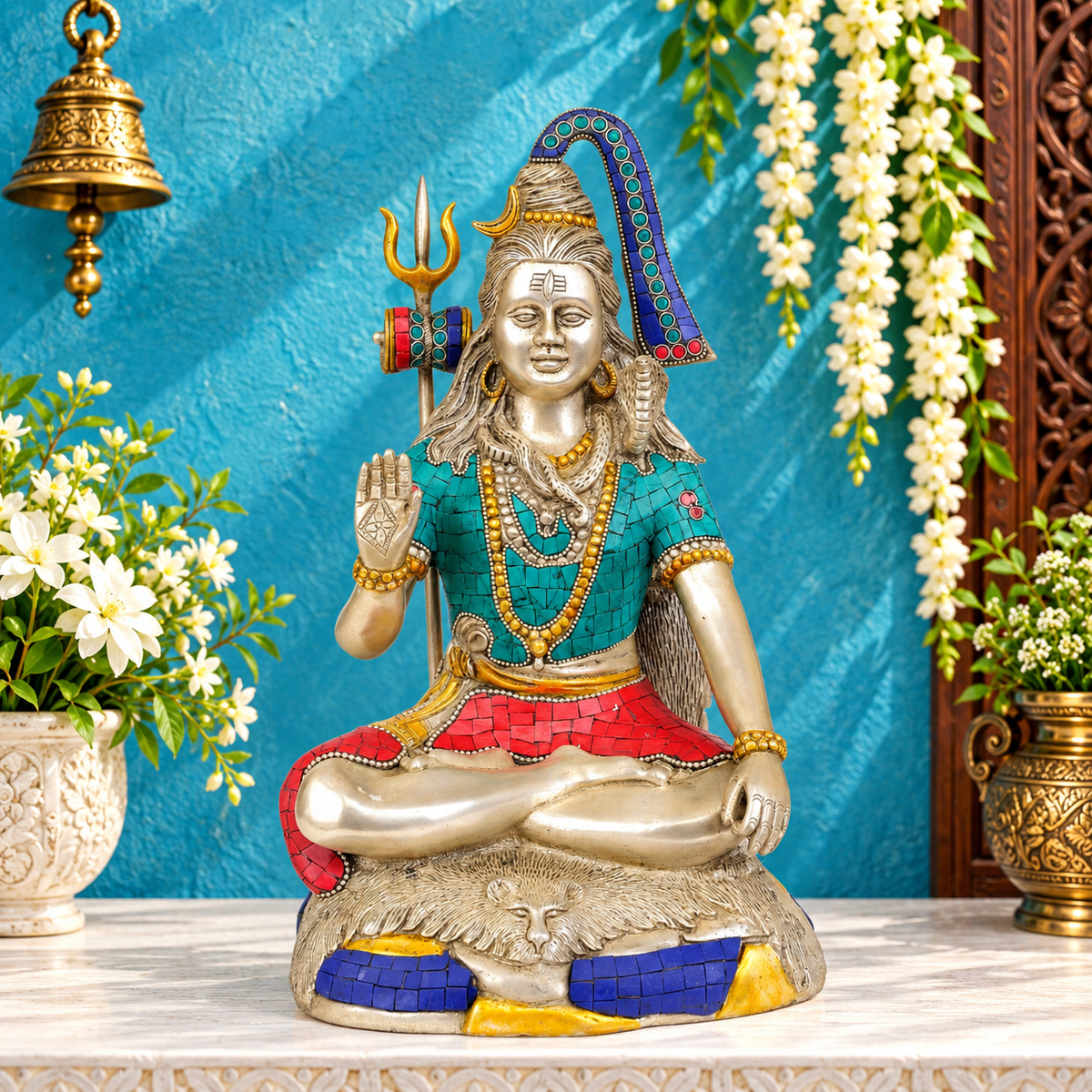 ब्रासौड़ा™ रत्नजड़ित आलीशान पीतल की भगवान शिव की मूर्ति – ऊंचाई 13.5 इंच और वज़न 7 किलो | आध्यात्मिक साज-सज्जा