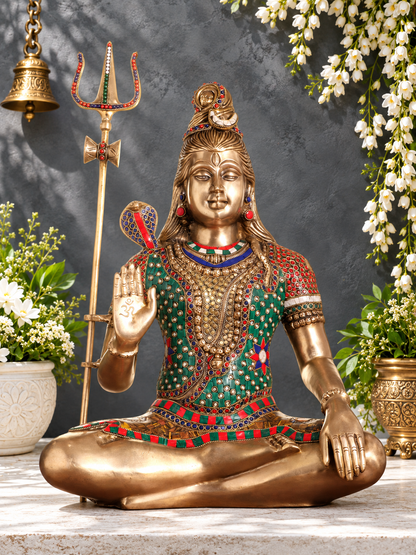 Brassaura® Handcrafted Brass Shiva Idol with Gemstone Detailing | Pure Superfine Brass Handcrafted Murti | Brass Statue for Home Temple, Pooja Room | Height 20 Inches | Weight 12 Kgs