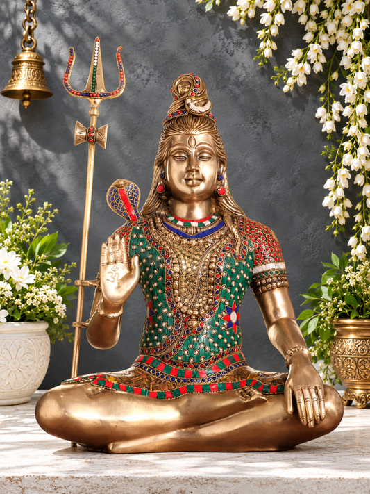 Brassaura™ ब्रास रत्न स्टोन वर्क शिव प्रतिमा – ऊंचाई 20 इंच और वज़न 12 किलोग्राम | आध्यात्मिक गृह सज्जा