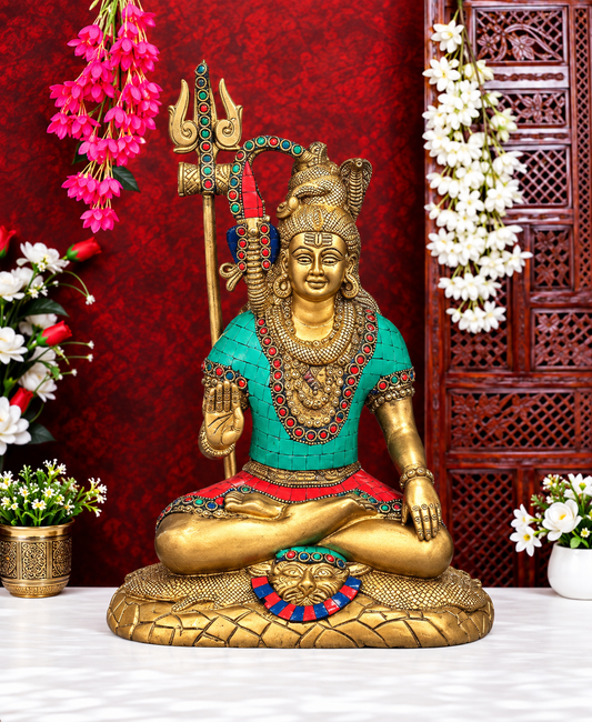 ब्रैसॉरा™ पीतल की शिव प्रतिमा, इनले वर्क के साथ | ऊंचाई 12 इंच और वजन 4.50 किलोग्राम