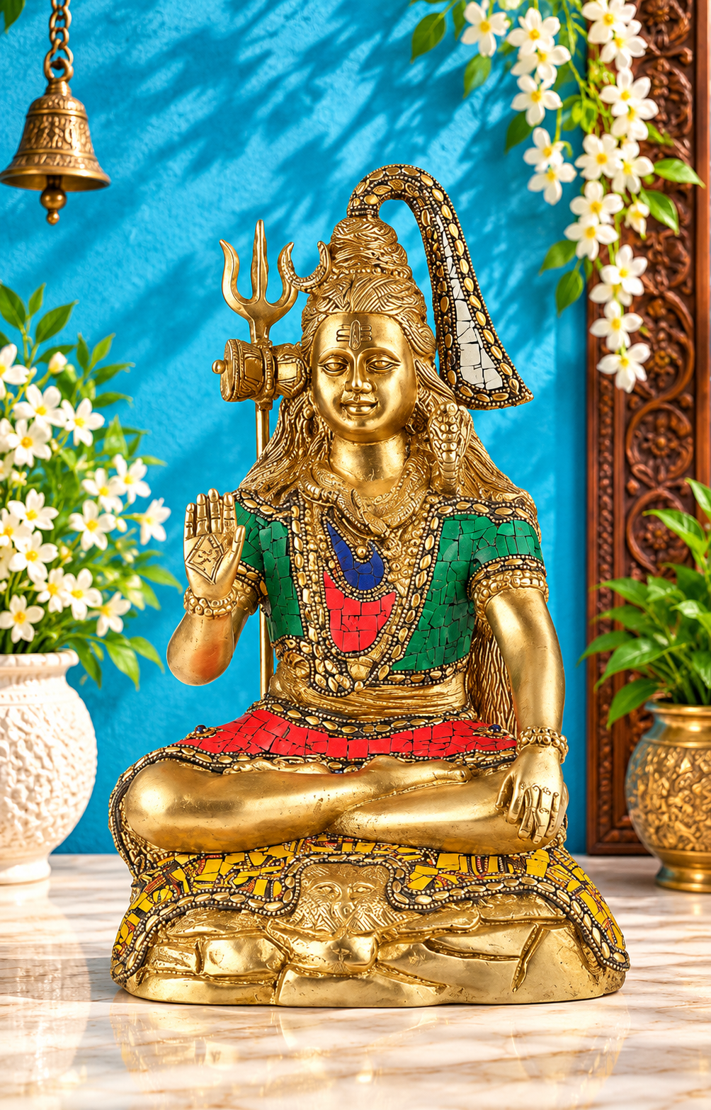 ब्रासौरा™ पीतल की शिव प्रतिमा इनले वर्क के साथ | ऊँचाई 14 इंच और वज़न 7.40 किलोग्राम
