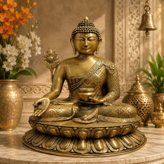 Brassaura® Buddha Sitting in Varada Mudra Idol with Antique Gold Finish and Lotus Base | Pure Superfine Brass Handcrafted Murti | Brass Statue for Home Temple, Pooja Room | Height 28 Inches | Weight 32 Kgs