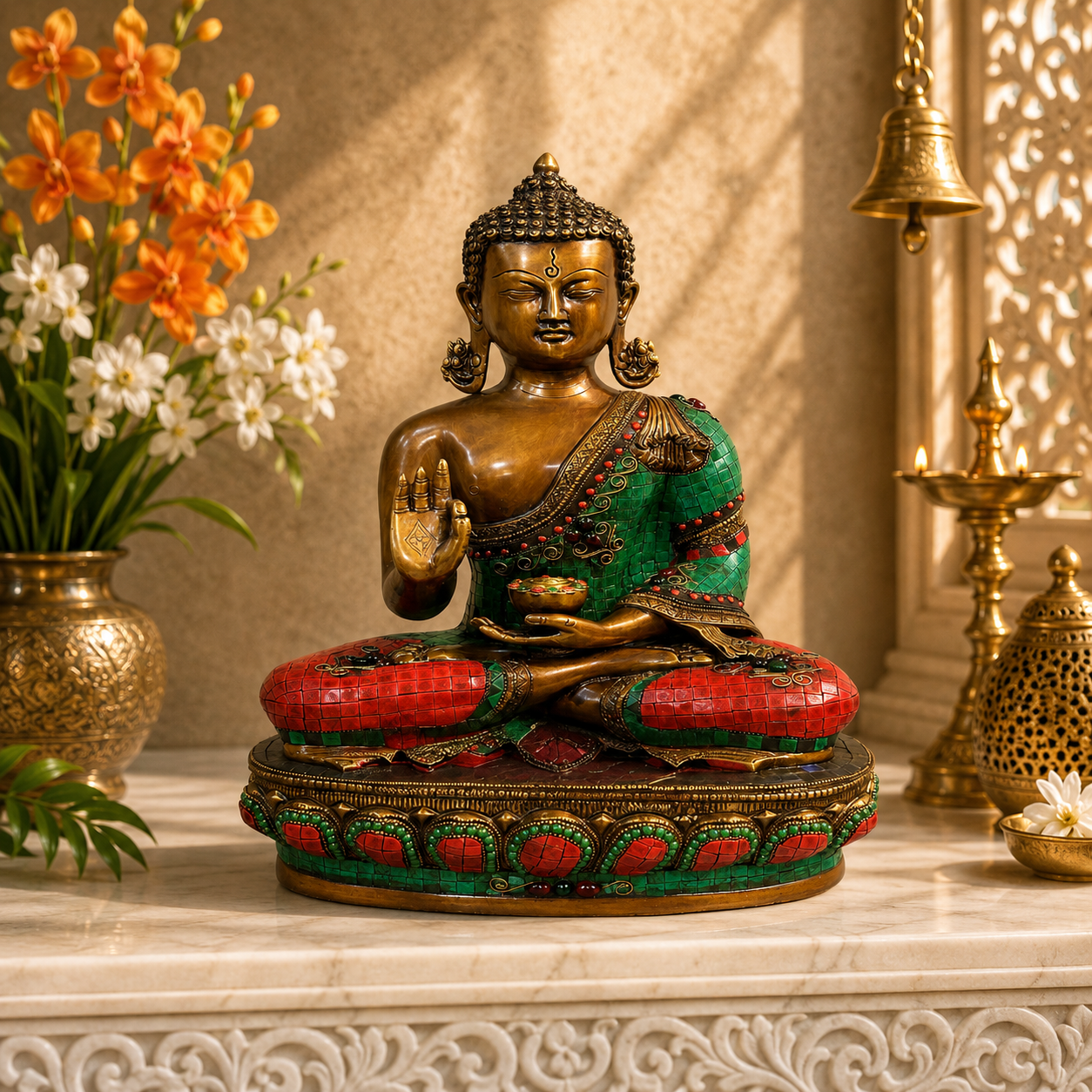 पीतल आशीर्वाद रत्न कार्य बुद्ध वज़न 16.4 किलो और ऊँचाई 19 इंच