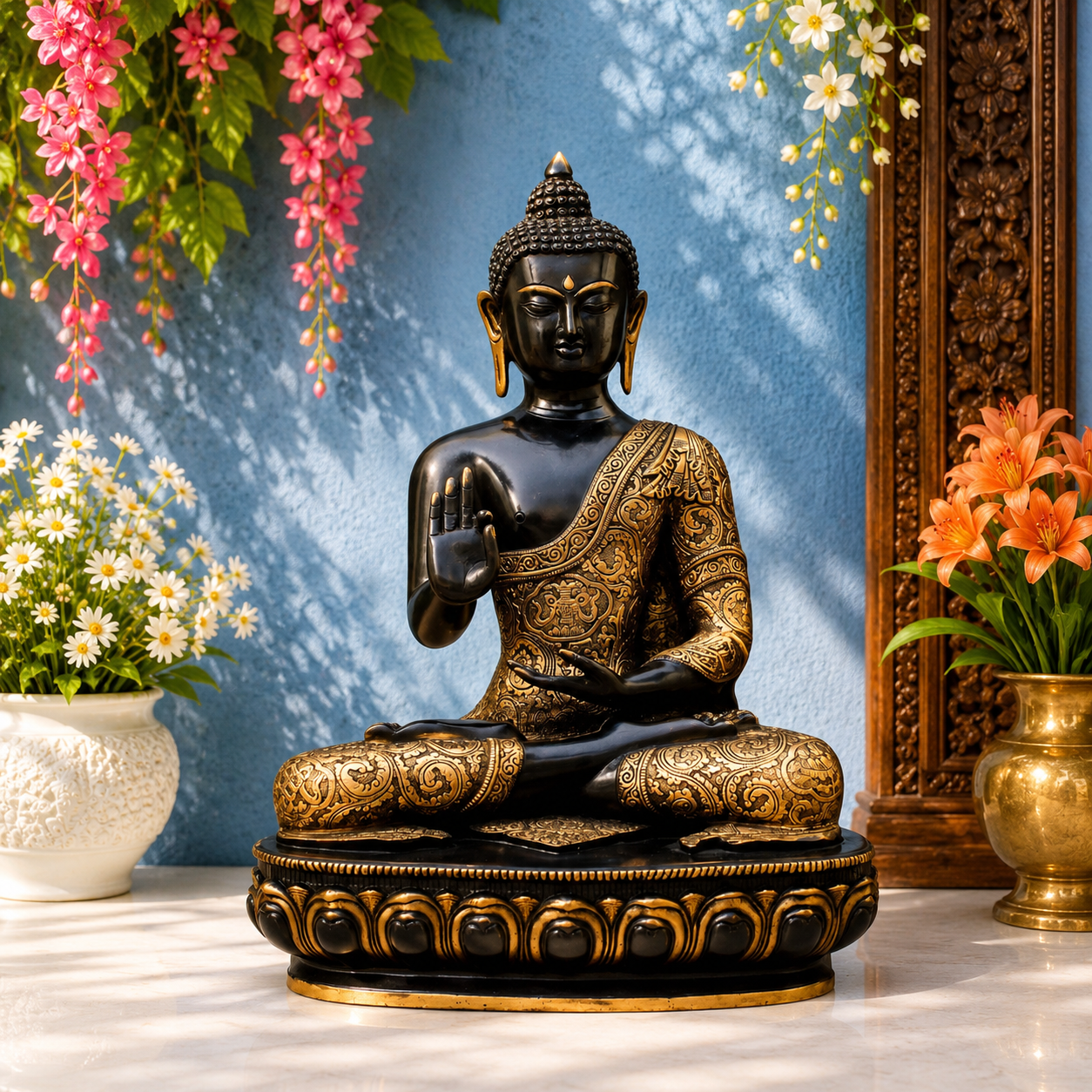 पीतल की बहु-रंगी बुद्ध प्रतिमा, वजन 23 किलो और ऊंचाई 22.5 इंच
