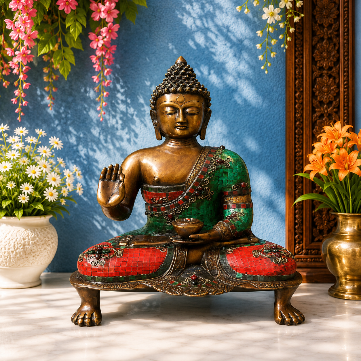 पीतल आशीर्वाद रत्न पत्थर का काम बुद्ध वज़न 11.8 किलोग्राम और ऊंचाई 20 इंच