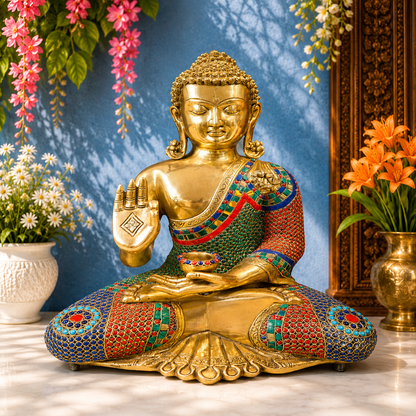 पीतल की ब्लेसिंग जेम स्टोन वर्क बहुरंगी बुद्ध वज़न 17.5 किलो और ऊँचाई 19 इंच