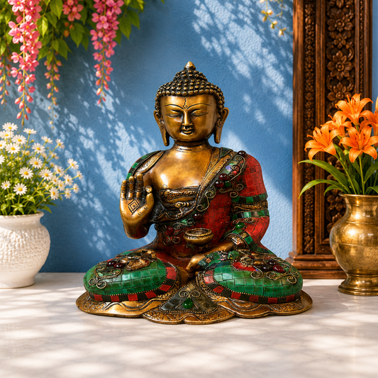 Brassaura® Buddha Sitting in Blessing Mudra Idol with Red & Green Gem Stone Work Finish | Pure Superfine Brass Handcrafted Murti | Brass Statue for Home Temple, Pooja Room | Height 11.5 Inches | Weight 5.3 Kgs