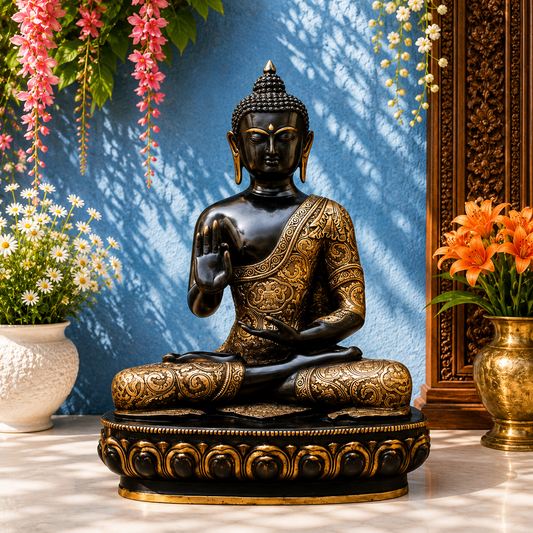Brassaura® Buddha Sitting in Blessing Mudra Idol with Antique Black & Gold Finish and Base | Pure Superfine Brass Handcrafted Murti | Brass Statue for Home Temple, Pooja Room | Height 22.5 Inches | Weight 23 Kgs