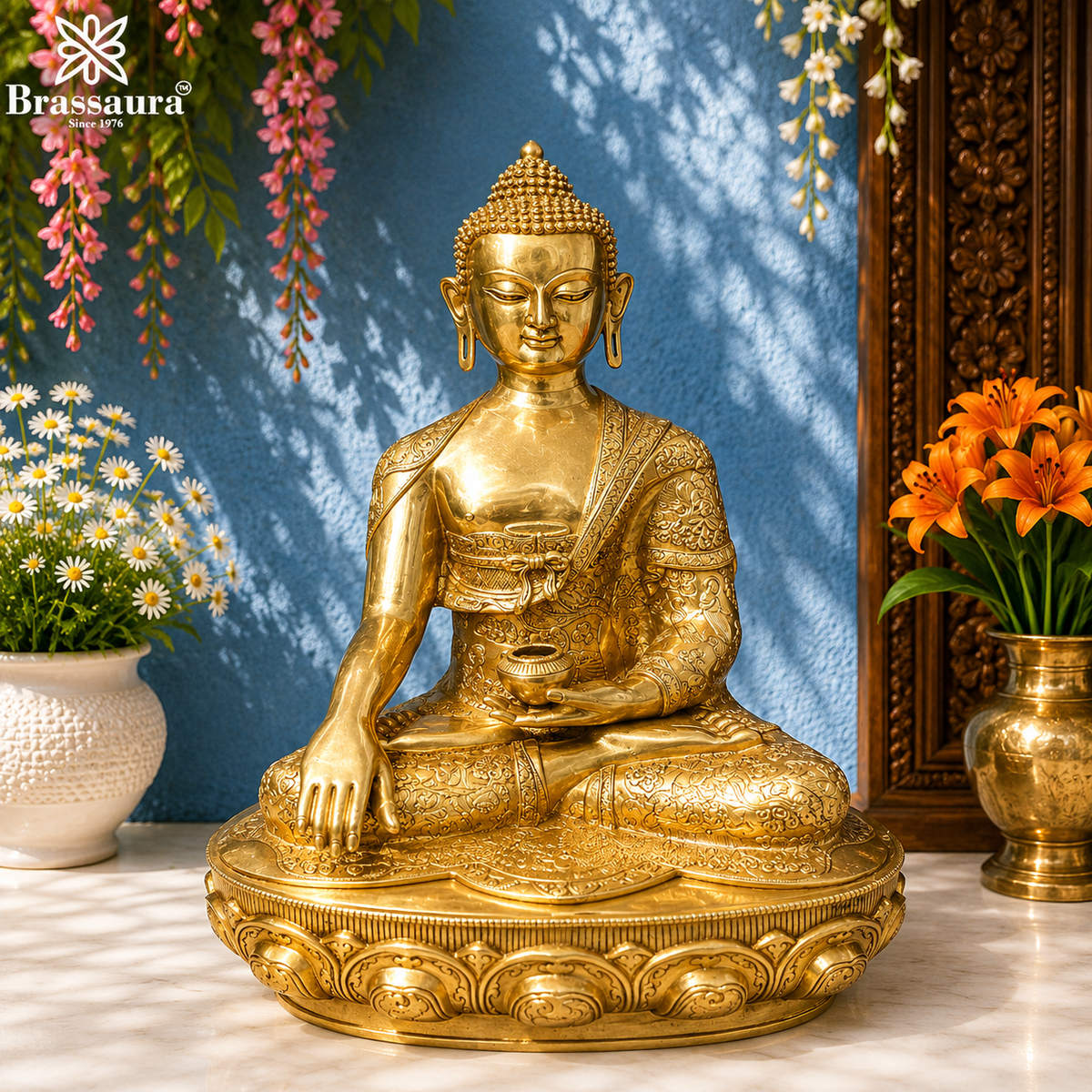 पीतल की भूमिस्पर्श बुद्ध मूर्ति, वज़न 52 किलोग्राम और ऊँचाई 33 इंच