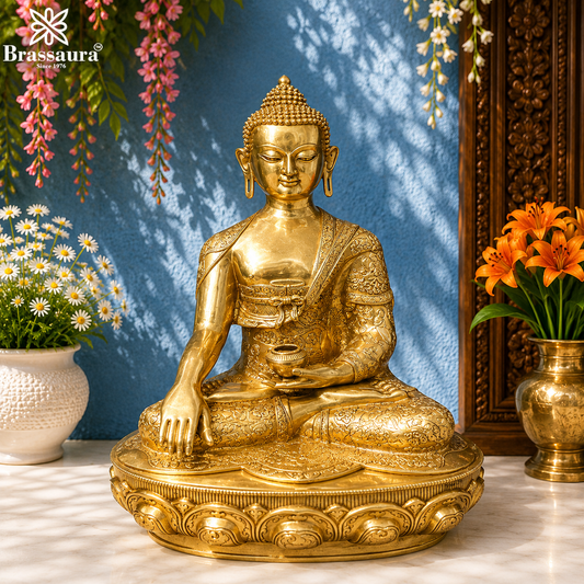 Brassaura® Buddha Bhumisparsha Mudra Sitting Idol with Antique Gold Finish and Lotus Base | Pure Superfine Brass Handcrafted Murti | Brass Statue for Home Temple, Pooja Room | Height 33 Inches | Weight 52 Kgs