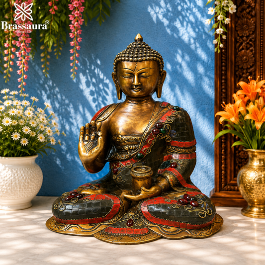 Brassaura® Buddha Sitting in Blessing Mudra Idol with Red & Black Gem Stone Work Finish | Pure Superfine Brass Handcrafted Murti | Brass Statue for Home Temple, Pooja Room | Height 11.5 Inches | Weight 5.3 Kgs