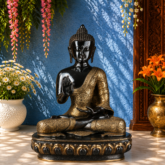 Brassaura® Buddha Sitting in Blessing Mudra Idol with Antique Black & Gold Finish and Base | Pure Superfine Brass Handcrafted Murti | Brass Statue for Home Temple, Pooja Room | Height 22 Inches | Weight 21.9 Kgs