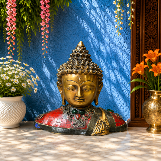Brassaura® Buddha Bust Idol with Red & Black Gem Stone Work Finish and Ornate Crown | Pure Superfine Brass Handcrafted Murti | Brass Statue for Home Temple, Pooja Room | Height 6.5 Inches | Weight 1.5 Kgs