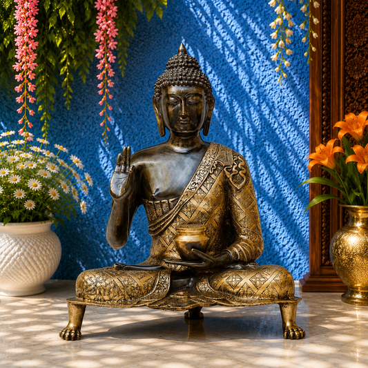 Brassaura® Buddha Sitting in Blessing Mudra Idol with Antique Black & Gold Finish and Raised Base | Pure Superfine Brass Handcrafted Murti | Brass Statue for Home Temple, Pooja Room | Height 25.5 Inches | Weight 21 Kgs