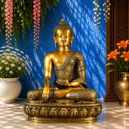 Brassaura® Buddha Bhumisparsha Mudra Sitting Idol with Antique Black & Gold Finish and Lotus Base | Pure Superfine Brass Handcrafted Murti | Brass Statue for Home Temple, Pooja Room | Height 22 Inches | Weight 23 Kgs