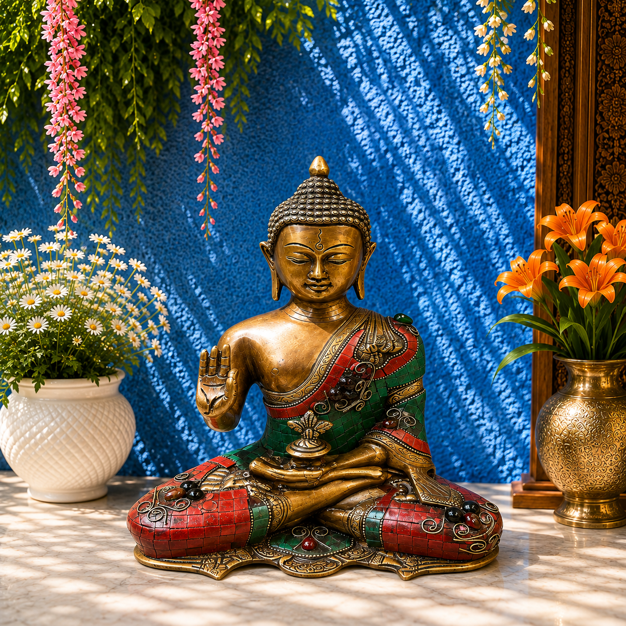 पीतल आशीर्वाद रत्न कार्य बुद्ध वज़न 4.4 किग्रा और ऊंचाई 10.5 इंच