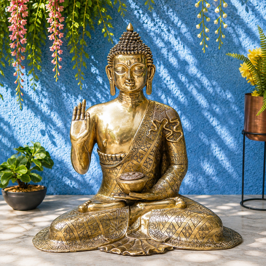 Brassaura® Buddha Sitting in Blessing Mudra Idol with Antique Silver & Gold Finish | Pure Superfine Brass Handcrafted Murti | Brass Statue for Home Temple, Pooja Room | Height 30 Inches | Weight 36 Kgs