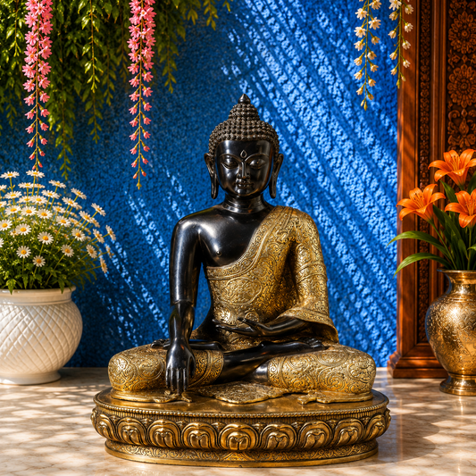 Brassaura® Buddha Bhumisparsha Mudra Sitting Idol with Antique Black & Gold Finish and Lotus Base | Pure Superfine Brass Handcrafted Murti | Brass Statue for Home Temple, Pooja Room | Height 22 Inches | Weight 23 Kgs