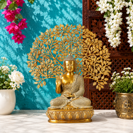Brassaura® Buddha Sitting in Blessing Mudra Idol with Bodhi Tree Design and Silver & Gold Finish | Pure Superfine Brass Handcrafted Murti | Brass Statue for Home Temple, Pooja Room | Height 25 Inches | Weight 19.5 Kgs