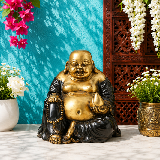 Brassaura® Laughing Buddha Sitting Idol with Black & Gold Finish | Pure Superfine Brass Handcrafted Murti | Brass Statue for Home Temple, Pooja Room | Height 13 Inches | Weight 12 Kgs