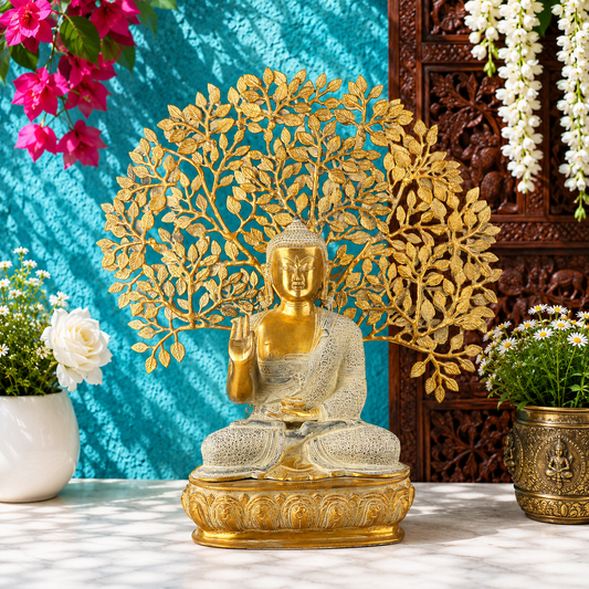 Brassaura® Buddha Sitting in Blessing Mudra Idol with Bodhi Tree Design and Silver & Gold Finish | Pure Superfine Brass Handcrafted Murti | Brass Statue for Home Temple, Pooja Room | Height 25 Inches | Weight 18.5 Kgs