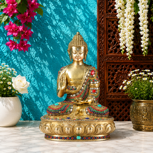 Brassaura® Buddha Sitting in Blessing Mudra Idol with Multicolour Gem Stone Work and Antique Gold Finish | Pure Superfine Brass Handcrafted Murti | Brass Statue for Home Temple, Pooja Room | Height 17.5 Inches | Weight 10.8 Kgs
