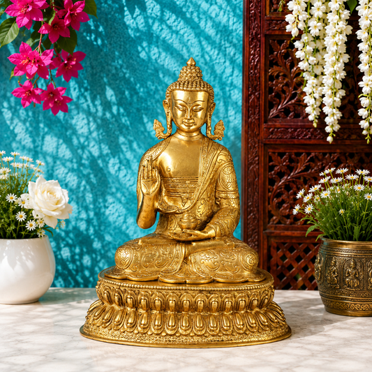 Brassaura® Buddha Sitting in Blessing Mudra Idol with Ornate Lotus Base and Antique Gold Finish | Pure Superfine Brass Handcrafted Murti | Brass Statue for Home Temple, Pooja Room | Height 16 Inches | Weight 9.6 Kgs