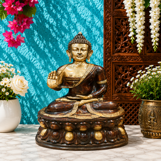 Brassaura® Buddha Reclining in Parinirvana Pose Idol with Antique Brown & Gold Finish | Pure Superfine Brass Handcrafted Murti | Brass Statue for Home Temple, Pooja Room | Height 12 Inches | Weight 18 Kgs