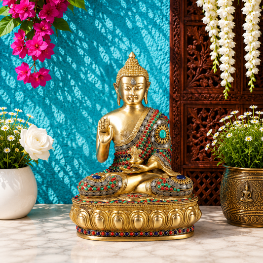 Brassaura® Buddha Sitting in Blessing Mudra Idol with Multicolour Gem Stone Work and Antique Gold Finish | Pure Superfine Brass Handcrafted Murti | Brass Statue for Home Temple, Pooja Room | Height 13 Inches | Weight 6.7 Kgs