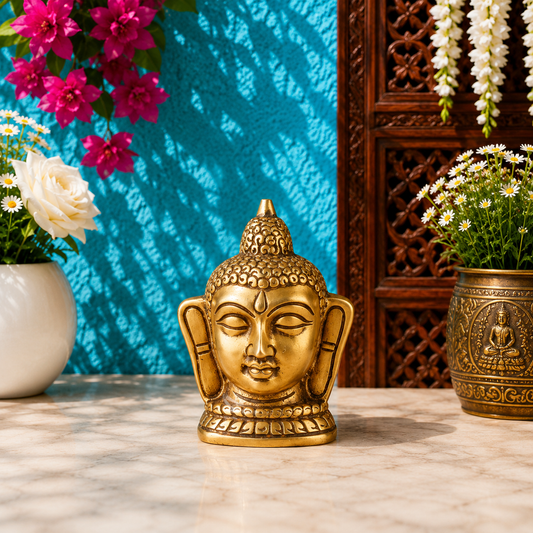 Brassaura® Buddha Bust Idol with Serene Expression and Antique Gold Finish | Pure Superfine Brass Handcrafted Murti | Brass Statue for Home Temple, Pooja Room | Height 4.5 Inches | Weight 1 Kg