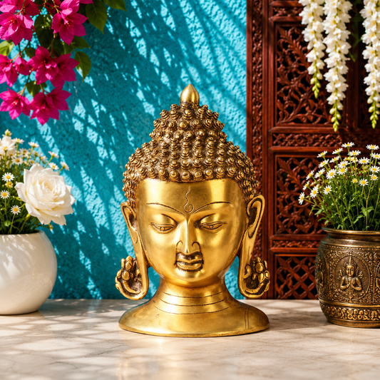 Brassaura® Buddha Bust Idol with Detailed Curled Hair and Antique Gold Finish | Pure Superfine Brass Handcrafted Murti | Brass Statue for Home Temple, Pooja Room | Height 8.5 Inches | Weight 8 Kgs
