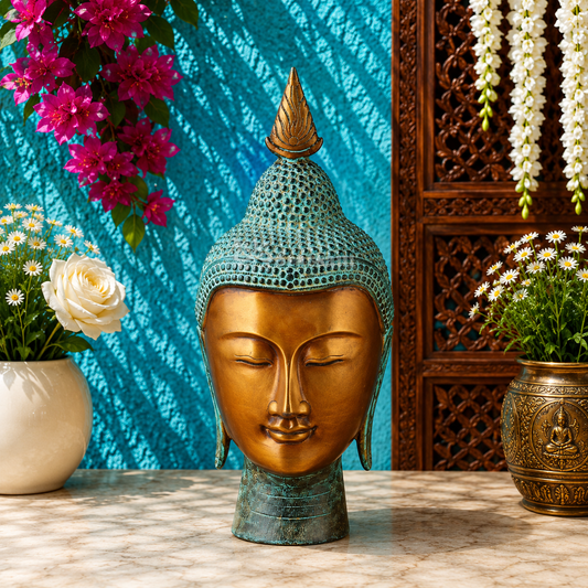 Brassaura® Buddha Bust Idol with Antique Gold Face and Green Patina Finish | Pure Superfine Brass Handcrafted Murti | Brass Statue for Home Temple, Pooja Room | Height 12.5 Inches | Weight 3.7 Kgs