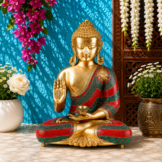 Brassaura® Buddha Sitting in Blessing Mudra Idol with Red & Green Gem Stone Work Finish | Pure Superfine Brass Handcrafted Murti | Brass Statue for Home Temple, Pooja Room | Height 20 Inches | Weight 18.2 Kgs