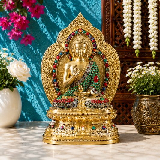 Brassaura® Buddha Sitting in Blessing Mudra Idol with Multicolour Gem Stone Work and Ornate Halo | Pure Superfine Brass Handcrafted Murti | Brass Statue for Home Temple, Pooja Room | Height 10 Inches | Weight 4.9 Kgs