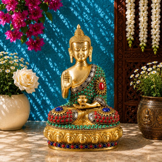 Brassaura® Buddha Sitting in Blessing Mudra Idol with Red, Green & Blue Gem Stone Work and Antique Gold Finish | Pure Superfine Brass Handcrafted Murti | Brass Statue for Home Temple, Pooja Room | Height 9.5 Inches | Weight 3.9 Kgs