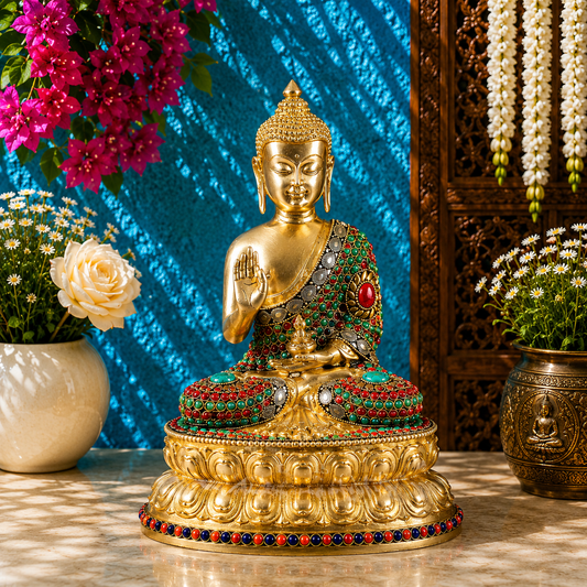 Brassaura® Buddha Sitting in Blessing Mudra Idol with Multicolour Gem Stone Work and Antique Gold Finish | Pure Superfine Brass Handcrafted Murti | Brass Statue for Home Temple, Pooja Room | Height 11 Inches | Weight 4.4 Kgs