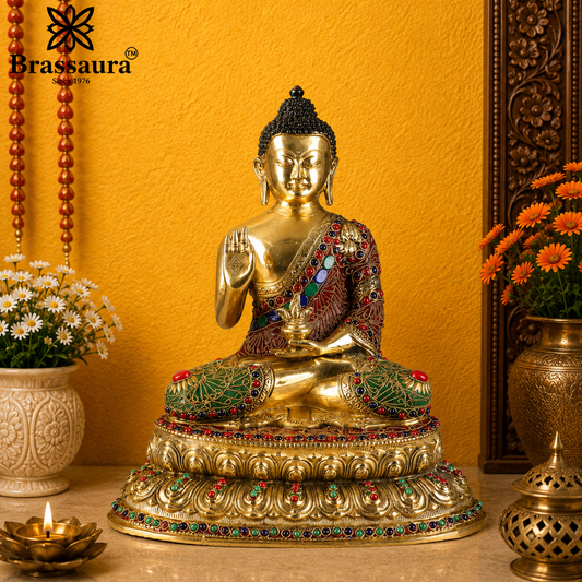 Brassaura® Buddha Sitting in Blessing Mudra Idol with Multicolour Gem Stone Work and Antique Gold Finish | Pure Superfine Brass Handcrafted Murti | Brass Statue for Home Temple, Pooja Room | Height 15 Inches | Weight 7.3 Kgs