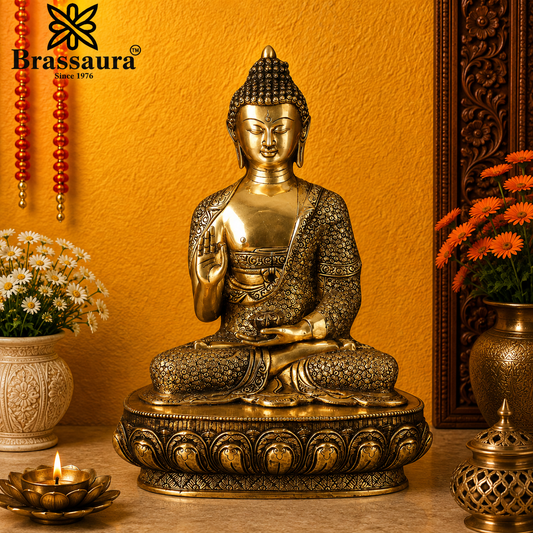 Brassaura® Buddha Sitting in Blessing Mudra Idol with Intricate Floral Robe Detailing and Antique Gold Finish | Pure Superfine Brass Handcrafted Murti | Brass Statue for Home Temple, Pooja Room | Height 16 Inches | Weight 11.6 Kgs