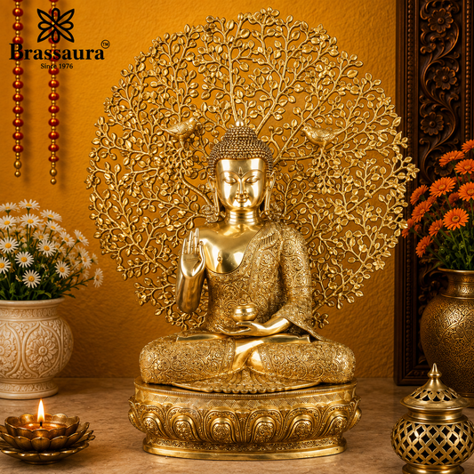 Brassaura® Buddha Sitting in Blessing Mudra Idol with Bodhi Tree Backdrop and Antique Gold Finish | Pure Superfine Brass Handcrafted Murti | Brass Statue for Home Temple, Pooja Room | Height 30 Inches | Weight 27.3 Kgs