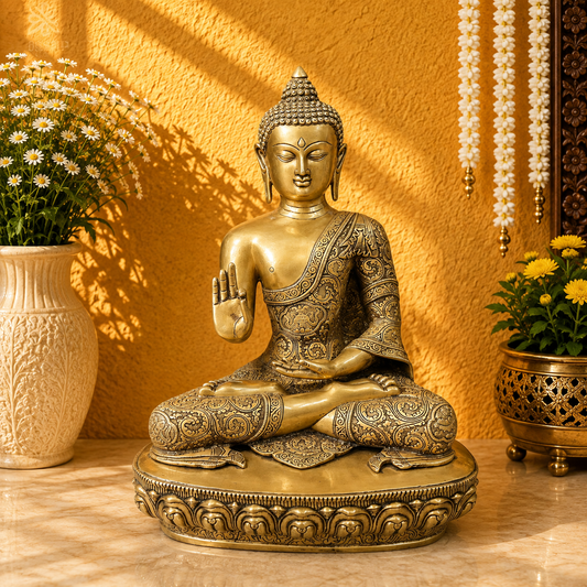 Brassaura® Buddha Sitting in Blessing Mudra Idol with Antique Gold Finish and Base | Pure Superfine Brass Handcrafted Murti | Brass Statue for Home Temple, Pooja Room | Height 22 Inches | Weight 22 Kgs