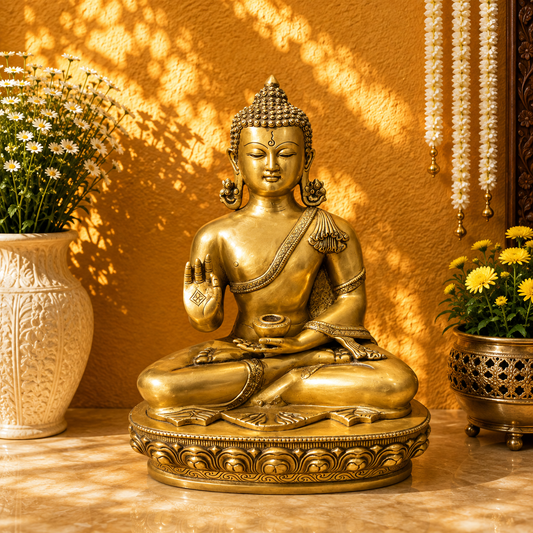 Brassaura® Buddha Sitting in Blessing Mudra Idol with Antique Gold Finish and Base | Pure Superfine Brass Handcrafted Murti | Brass Statue for Home Temple, Pooja Room | Height 19 Inches | Weight 16.2 Kgs