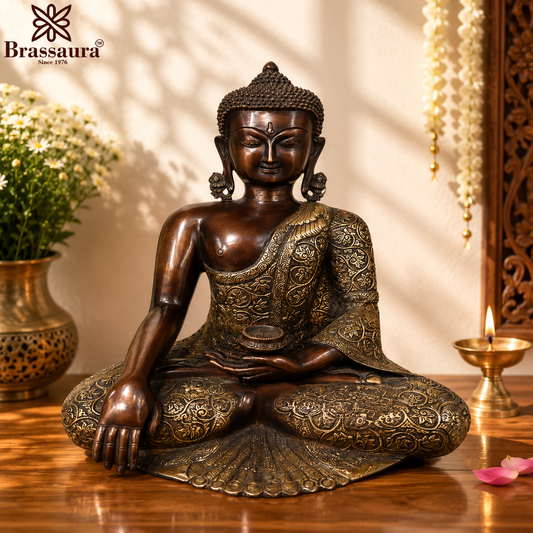 Brassaura® Buddha Bhumisparsha Mudra Sitting Idol with Antique Black & Silver Finish | Pure Superfine Brass Handcrafted Murti | Brass Statue for Home Temple, Pooja Room | Height 17 Inches | Weight 14.5 Kgs